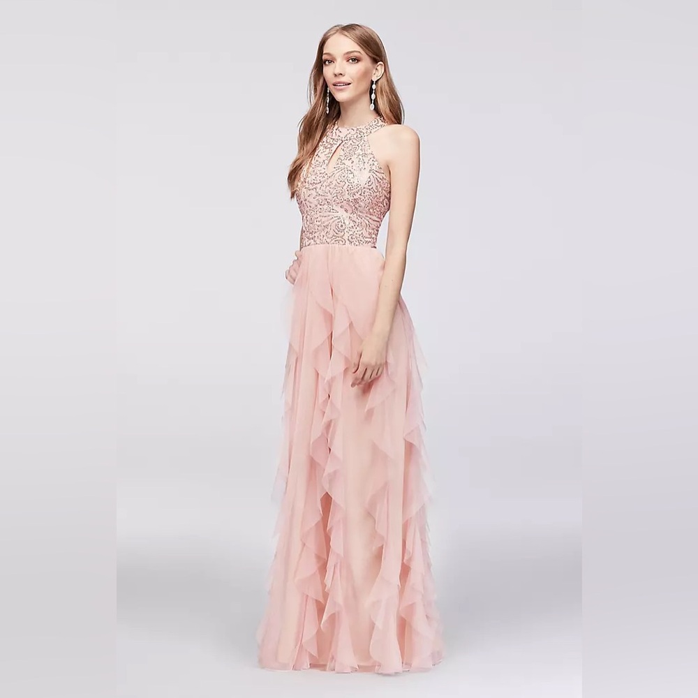 Round-Neck Sequin Halter Gown with Ruffled Skirt